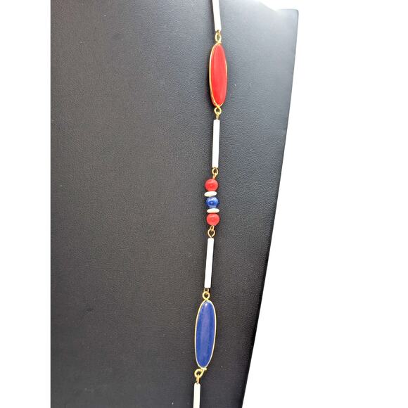 Vintage Red White Blue Multi Shape Long Acrylic Beaded Necklace - Picture 3 of 6